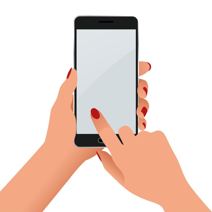 Vetor mão feminina segurando um telefone com tela em branco. ilustração plana isolada no fundo branco.