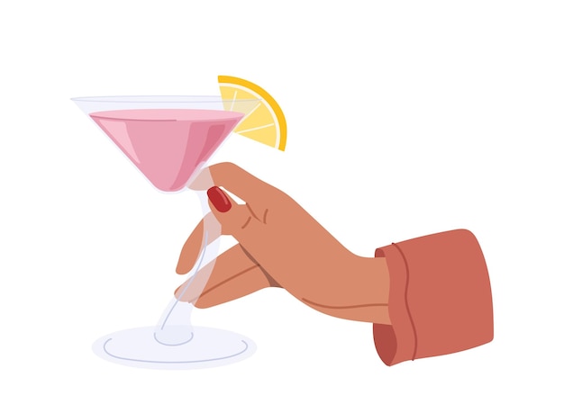 Mão feminina segurando uma bebida alcoólica de coquetel margarita em vidro isolado em fundo branco