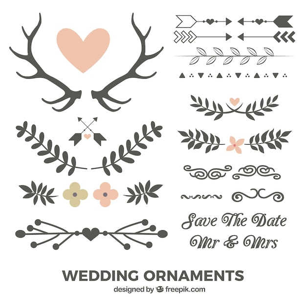 Vetor mão folhas e ornamentos de casamento desenhado