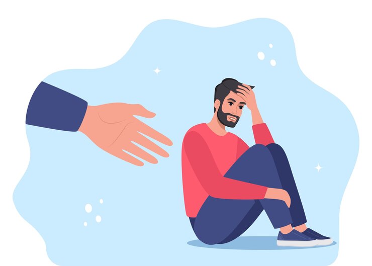 Vetor mão humana ajuda jovem infeliz e triste em depressão sentado conceito de saúde mental