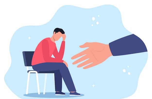 Mão humana ajuda jovem infeliz e triste em depressão sentado conceito de saúde mental
