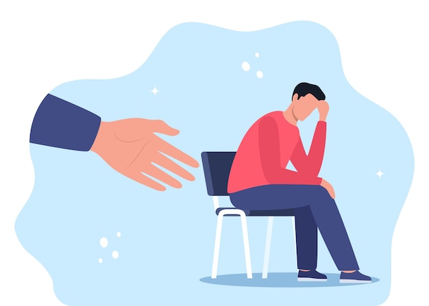 Mão humana ajuda jovem infeliz e triste em depressão sentado conceito de saúde mental