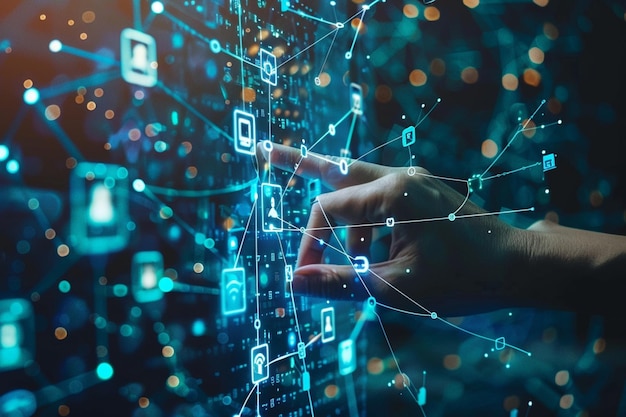 Mão humana apontando para a rede de inteligência artificial conceito de inteligência artificial artificial