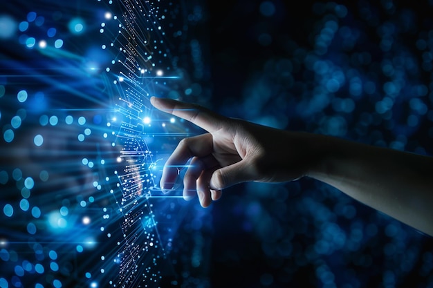Mão humana apontando para a rede de inteligência artificial conceito de inteligência artificial artificial