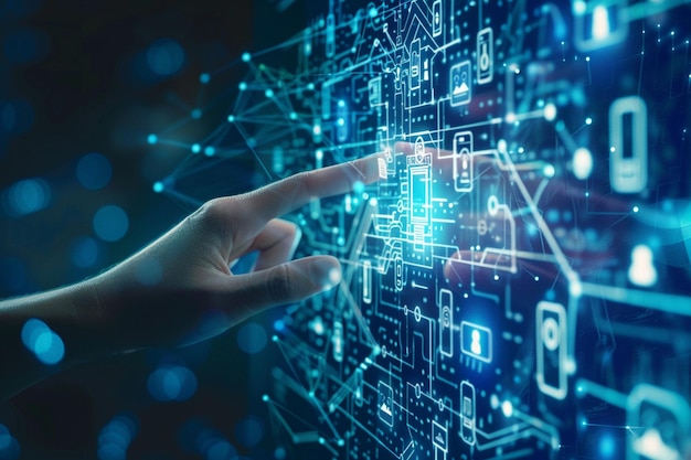 Mão humana apontando para a rede de inteligência artificial conceito de inteligência artificial artificial