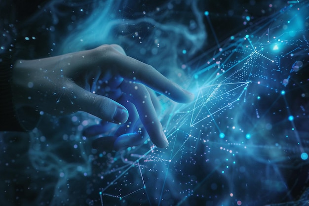Mão humana apontando para a rede de inteligência artificial conceito de inteligência artificial artificial