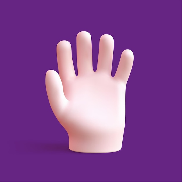 Mão humana com palma aberta e cinco dedos ícone 3D ilustração vetorial realista pessoa bonita braço personagem de desenho animado saudação gesto olá símbolo de comunicação hi sinal isolado em fundo roxo