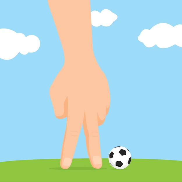 Mão humana jogando futebol em miniatura imaginário