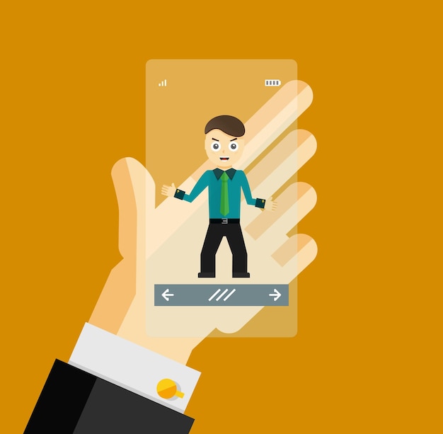 Mão humana segurando smartphone de tela transparente com empresário assistente virtual
