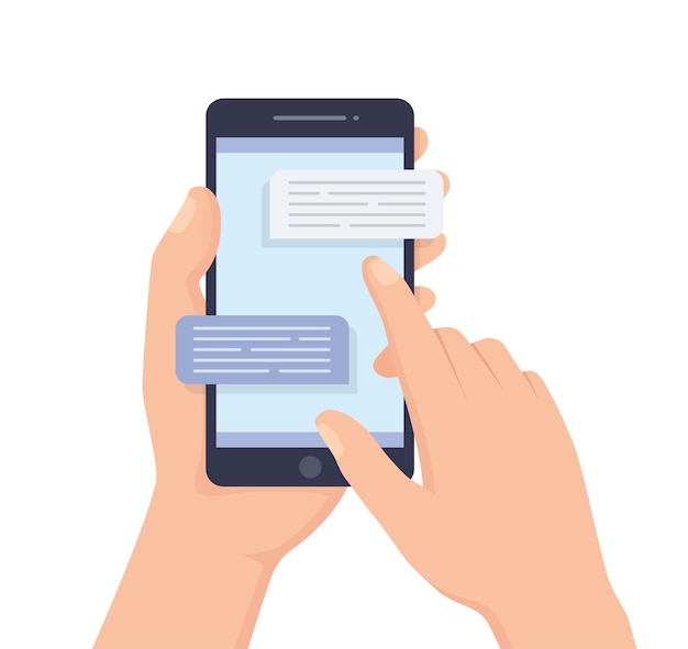 Vetor mão humana segurando um celular com mensagens de texto