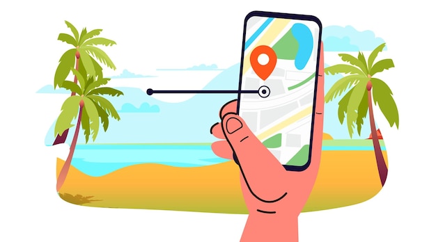 Mão humana usando smartphone pesquisa online tempo de férias de verão para viajar conceito horizontal