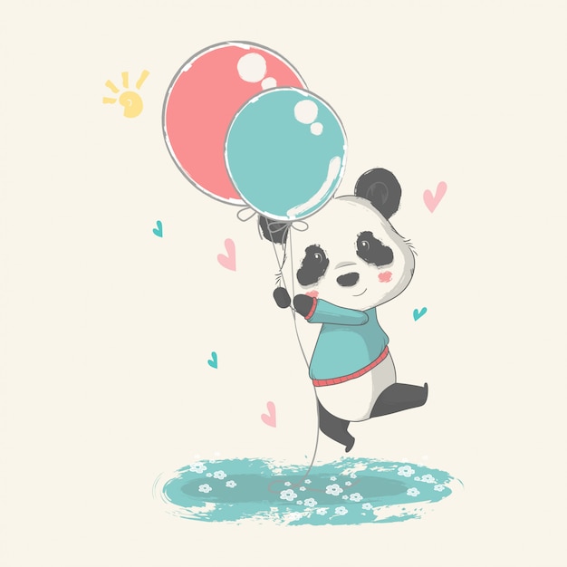 Mão ilustrações desenhadas de um bebê fofo panda com balões.