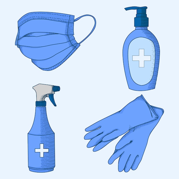 Mão ilustrações desenhadas equipamentos de prevenção de coronavírus