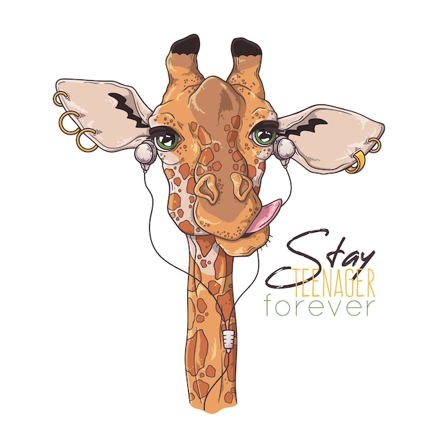 Mão ilustrações desenhadas. retrato de girafa fofa ouvindo música