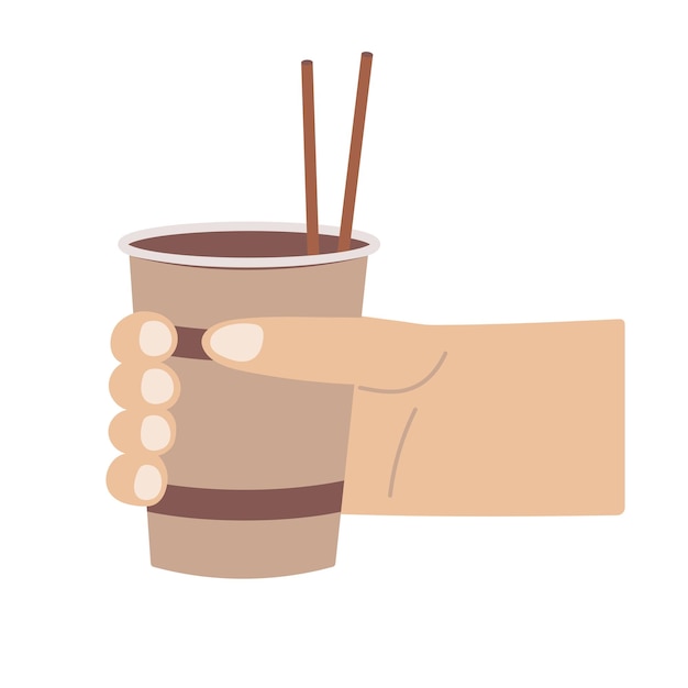 Mão isolada com recipiente de papel de xícara de café leve bebida quente com estilo de desenho animado de palha