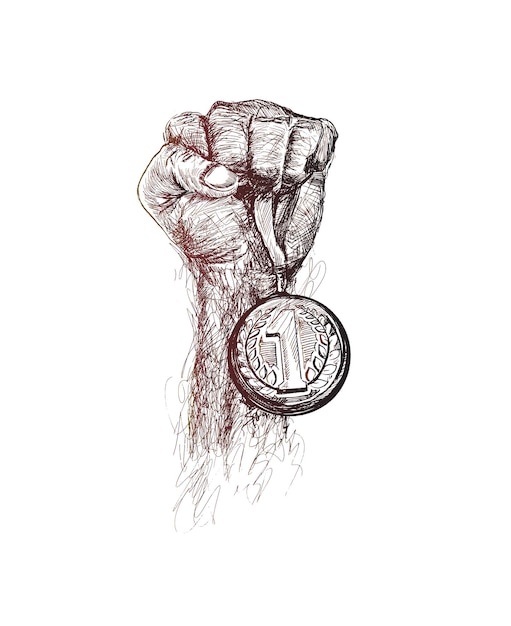 Mão levantada e segurando medalha de ouro Prêmio de ilustração vetorial de esboço de vitória