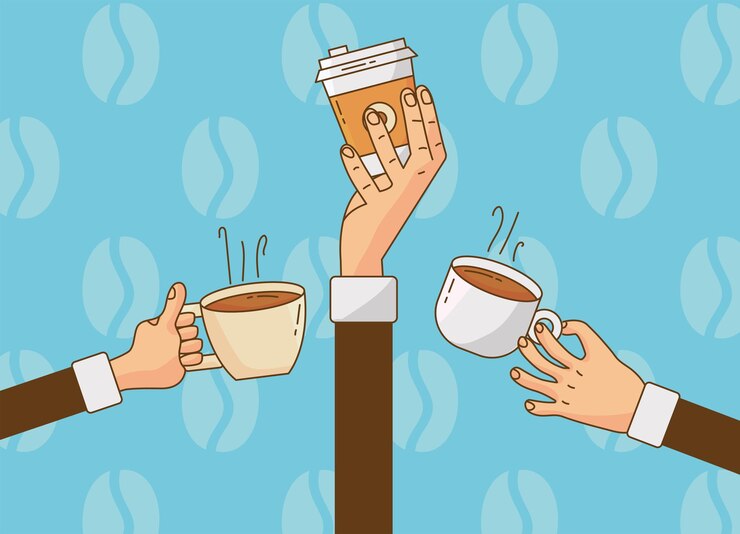 Vetor mão levantando bebidas de café em copos de cerâmica e ilustração de recipiente de plástico