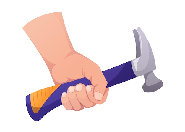 Mão masculina com martelo Homem construtor ou carpinteiro com ferramenta de trabalho Vector isolado em ilustração de desenho animado branco