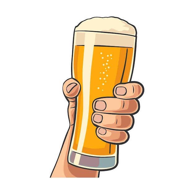 Mão masculina segurando um copo de cerveja ilustração plana de vetor vintage para convite de pôster da web para festa e aniversário isolado em fundo branco