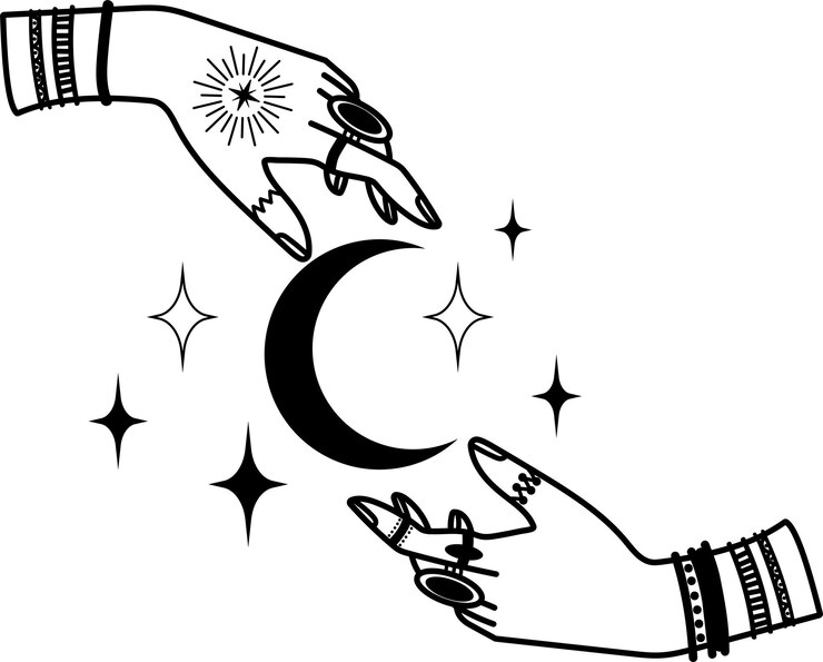 Vetor mão mística com cristais estrelas lua elementos de design para tatuagens de casamentos estilo boho moderno