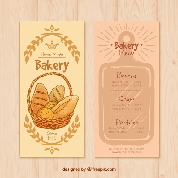 Mão modelo de menu padaria desenhada