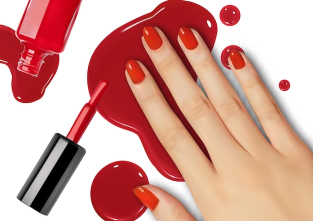 Mão no esmalte vermelho derramado em um fundo branco