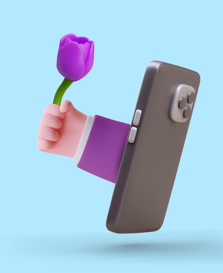 Vetor mão realista com flor saindo de um smartphone conceito de encomenda de buquês on-line