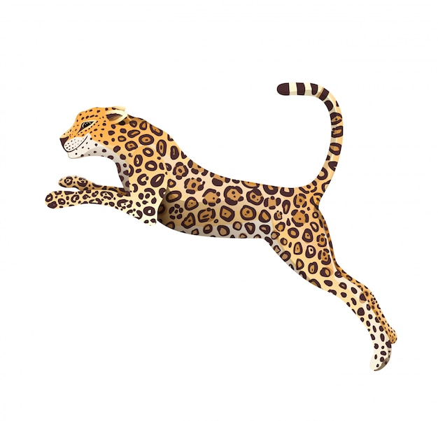 Mão realista desenhada jaguar salto cartoon isolado. selva exótica e floresta tropical símbolo ilustração de pantera grande gato selvagem. clipart de animais isolados.