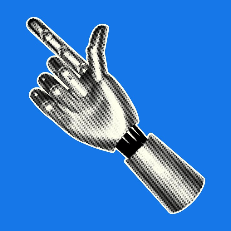 Mão robótica com efeito de meio tom em estilo de colagem retro.