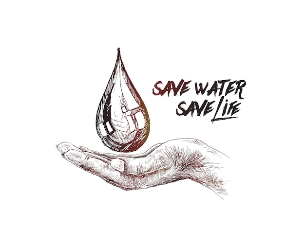 Mão segura gota salvar água salvar vida ilustração vetorial de esboço desenhado à mão