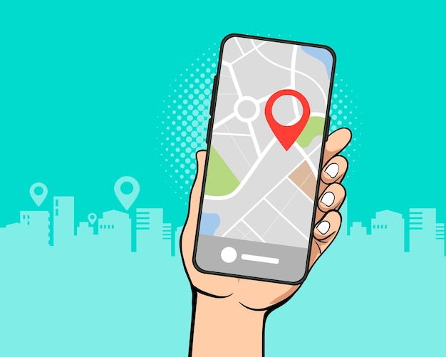 Mão segura mapa de navegação por GPS no smartphone em estilo quadrinhos retro vintage pop art