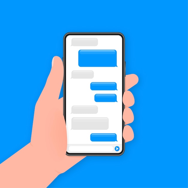 Vetor mão segura o telefone com mensagem de bate-papo em fundo azul