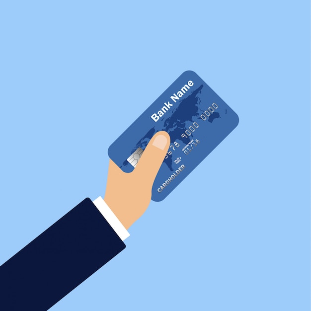 Mão segura um cartão de crédito. design plano de pagamento on-line. retirada de dinheiro. operações financeiras.