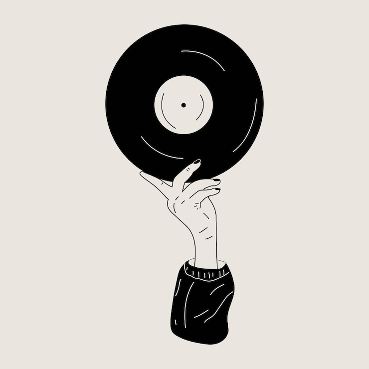 Vetor mão segura um disco de vinil antigo em suas mãos. estilo de moda retrô dos anos 80. ilustrações vetoriais