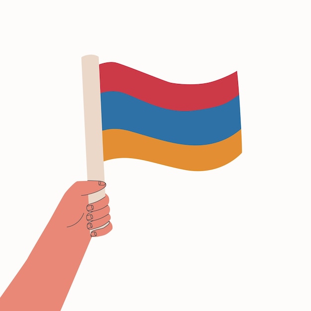 Mão segurando a bandeira da república da armênia listras vermelhas azuis e laranja vector ilustração isolada para design