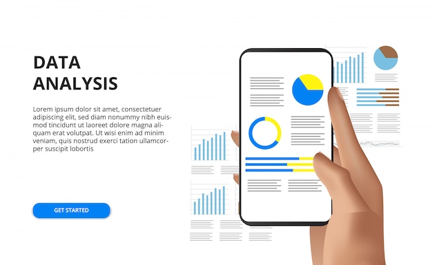 Mão segurando a ilustração de conceito de relatório de análise de dados de telefone celular