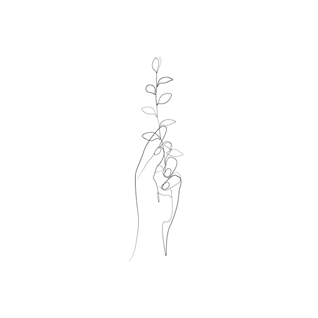 Mão segurando a ilustração de desenho de linha de vetor abstrato de folha