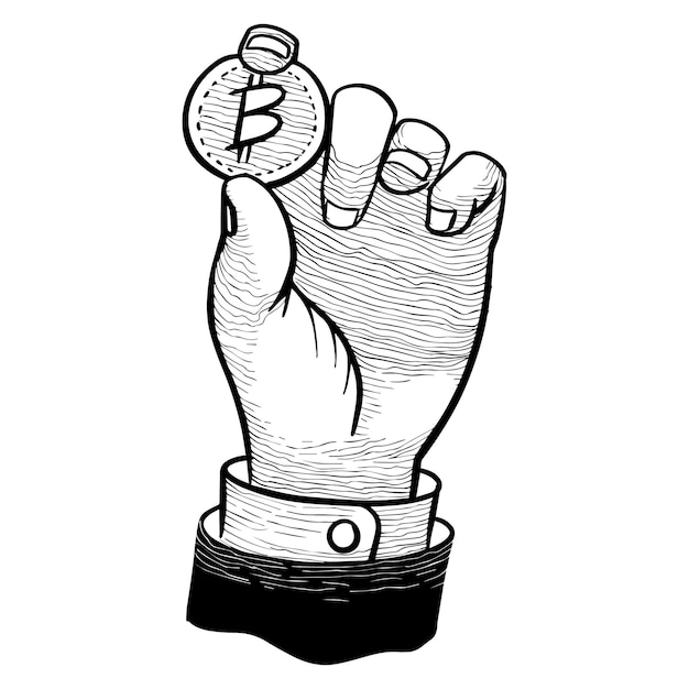 Vetor mão segurando a ilustração vetorial desenhada à mão da moeda bitcoin