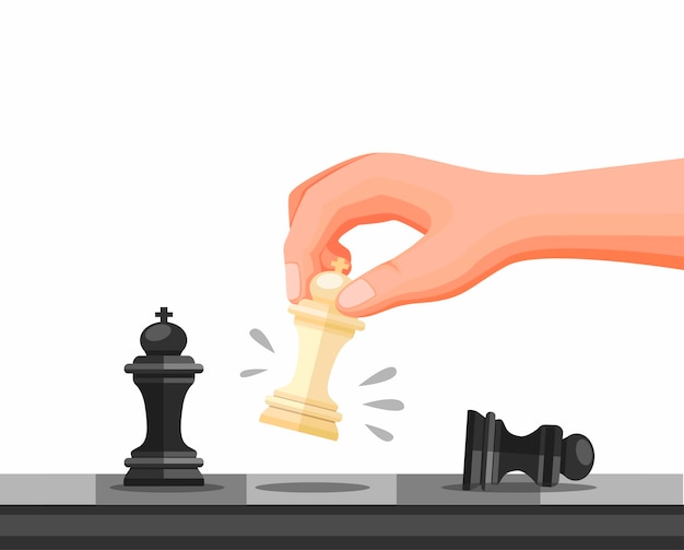 Mão segurando a peça de xadrez, estratégia de xadrez jogo símbolo de xeque-mate. conceito na ilustração dos desenhos animados, isolado no fundo branco