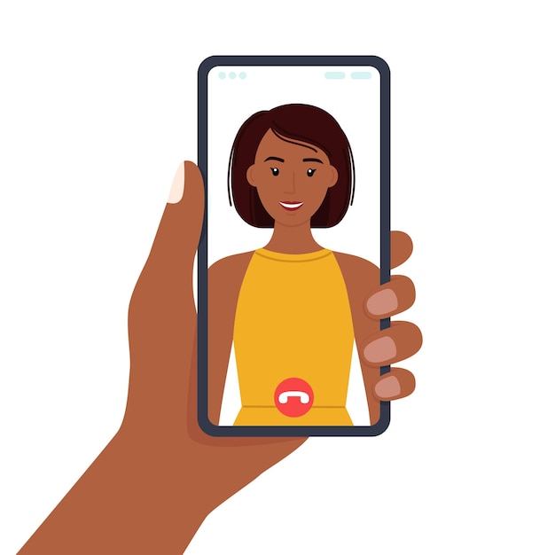 Mão segurando a tela do smartphone com uma linda garota ilustração em vetor de chamada de vídeo