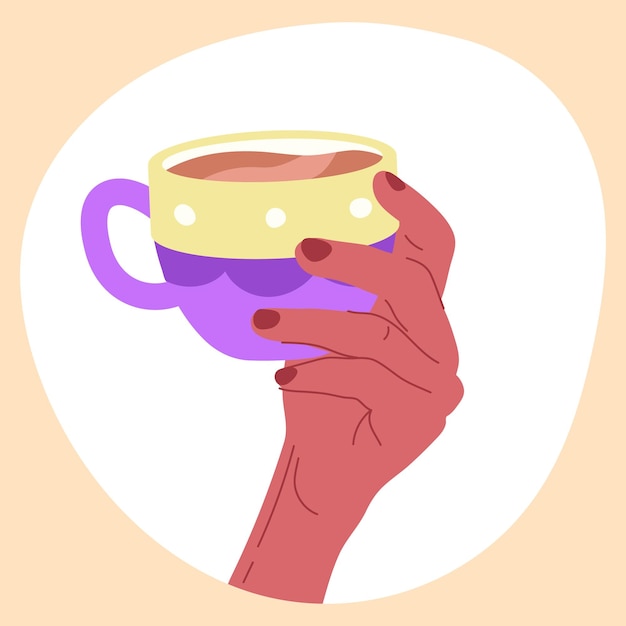 Vetor mão segurando a xícara de café quente desenhos animados bebida quente cacau ou bebida de café cappuccino xícara na mão ilustração vetorial plana isolada no fundo branco