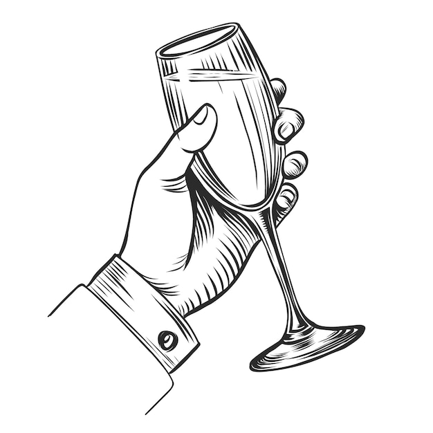 Mão segurando copo com champanhe vinho mão desenhada esboço de tinta ilustração vetorial gravura vintage