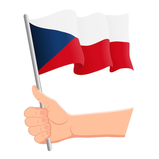 Mão segurando e acenando a bandeira nacional do conceito patriótico do dia da independência dos fãs da república tcheca ilustração vetorial