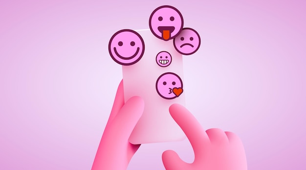 Mão segurando emoticons de telefone, mídias sociais e bate-papo do messenger