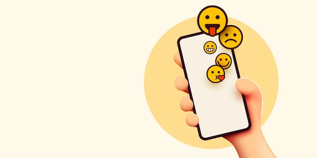 Mão segurando emoticons de telefone, redes sociais e bate-papo do messenger