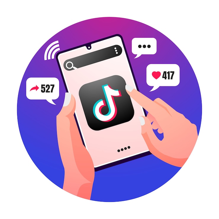 Vetor mão segurando o celular com o aplicativo de mídia social tiktok