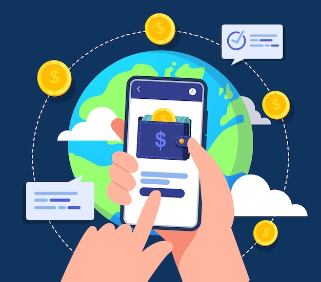 Vetor mão segurando o celular com pagamentos móveis transações globais para sites e banner
