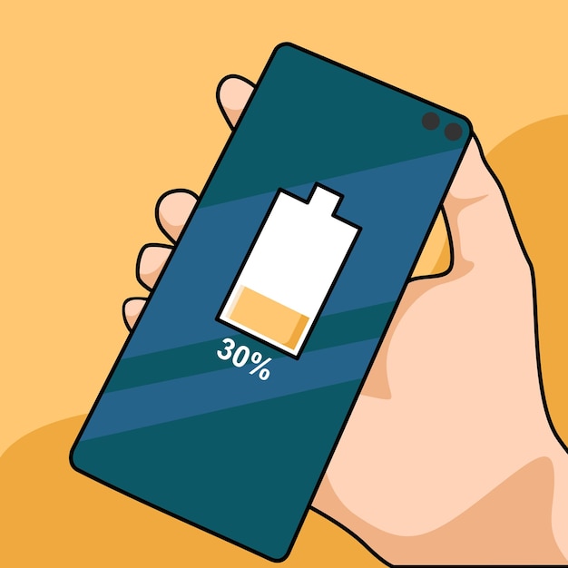 Mão segurando o celular Smartphone com tela indicadora de bateria