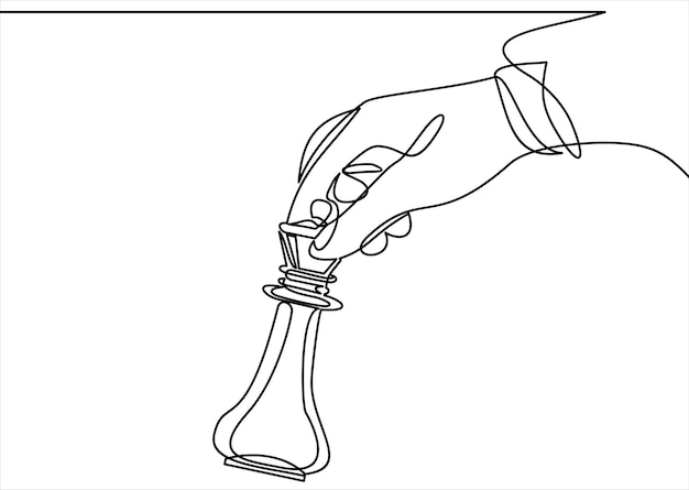 Mão segurando o infográfico de figura de xadrez conceito de estratégia de negócios linha contínua