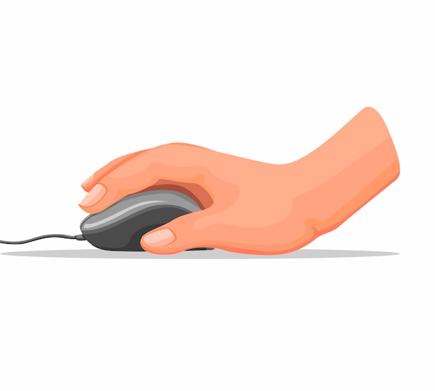 Vetor mão segurando o mouse do computador no escritório ou em casa na ilustração dos desenhos animados no fundo branco